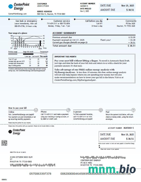 Szablon rachunku za media energetyczne w USA Center Point w formatach Word i PDF